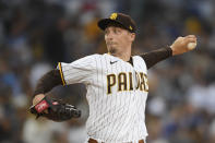 San Diego Padres starting pitcher Blake Snell (4) delivers during the first inning of a baseball game against Los Angeles Dodgers Tuesday, June 22, 2021, in San Diego. (AP Photo/Denis Poroy)