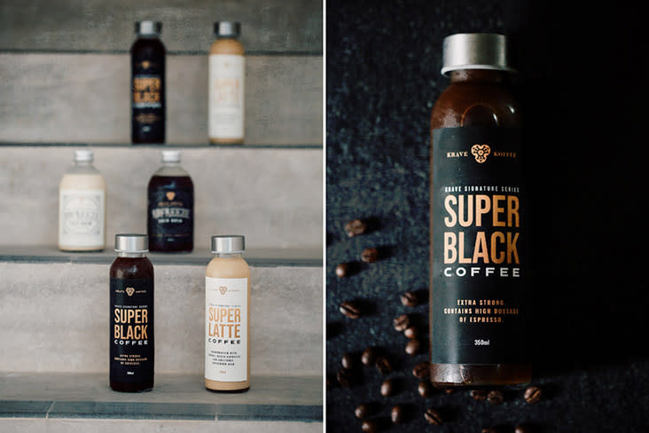 SuperBlack (extra strong black coffee) is one of Krave Koffee’s bottled beverages.