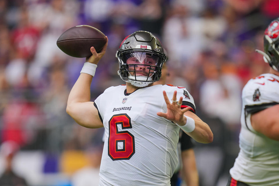 Sep 10, 2023; Minneapolis, Minnesota, USA; Tampa Bay Buccaneers quarterback Baker Mayfield (6) passes against the Minnesota Vikings in the first quarter at U.S. Bank Stadium. Mandatory Credit: Brad Rempel-USA TODAY Sports