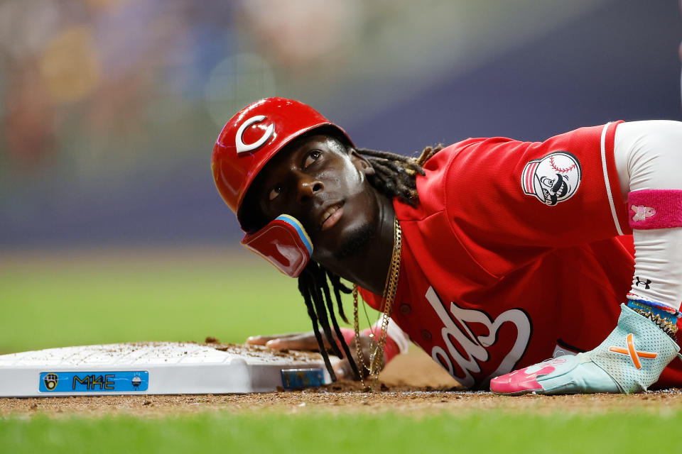 MILWAUKEE, WISCONSIN - JULY 07: Elly De La Cruz #44 of the Cincinnati Reds looks up after a attempted pick off on first base in the fifth inning against the Milwaukee Brewers at American Family Field on July 07, 2023 in Milwaukee, Wisconsin. (Photo by John Fisher/Getty Images)