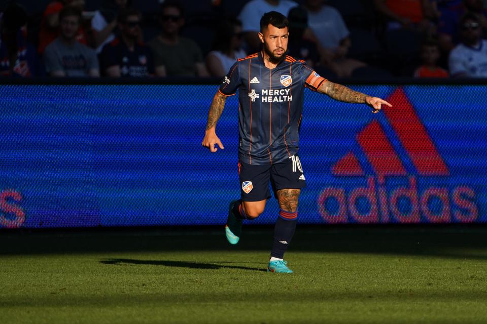 FC Cincinnati midfielder Luciano Acosta (10) directs play in the first half of an MLS soccer game against New York City FC, Wednesday, June 29, 2022, at TQL Stadium in Cincinnati.