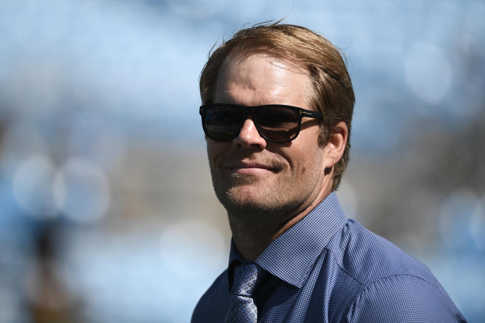 CHARLOTTE, NORTH CAROLINA - OCTOBER 10: Former player Greg Olsen of the Carolina Panthers reacts during the football game against the Philadelphia Eagles at Bank of America Stadium on October 10, 2021 in Charlotte, North Carolina. (Photo by Mike Comer/Getty Images)