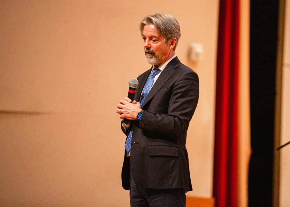 John Volin, executive vice president for academic affairs and provost at the University of Maine, speaks to faculty during a candidate forum for NMSU president on Feb.28, 2024.