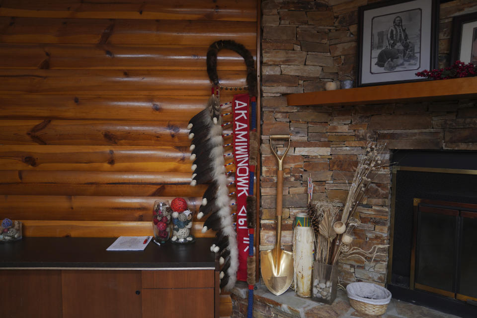 Items of the Montana First Nation sit in the council chambers on Tuesday, July 19, 2022, in Maskwacis, Alberta. (AP Photo/Jessie Wardarski)