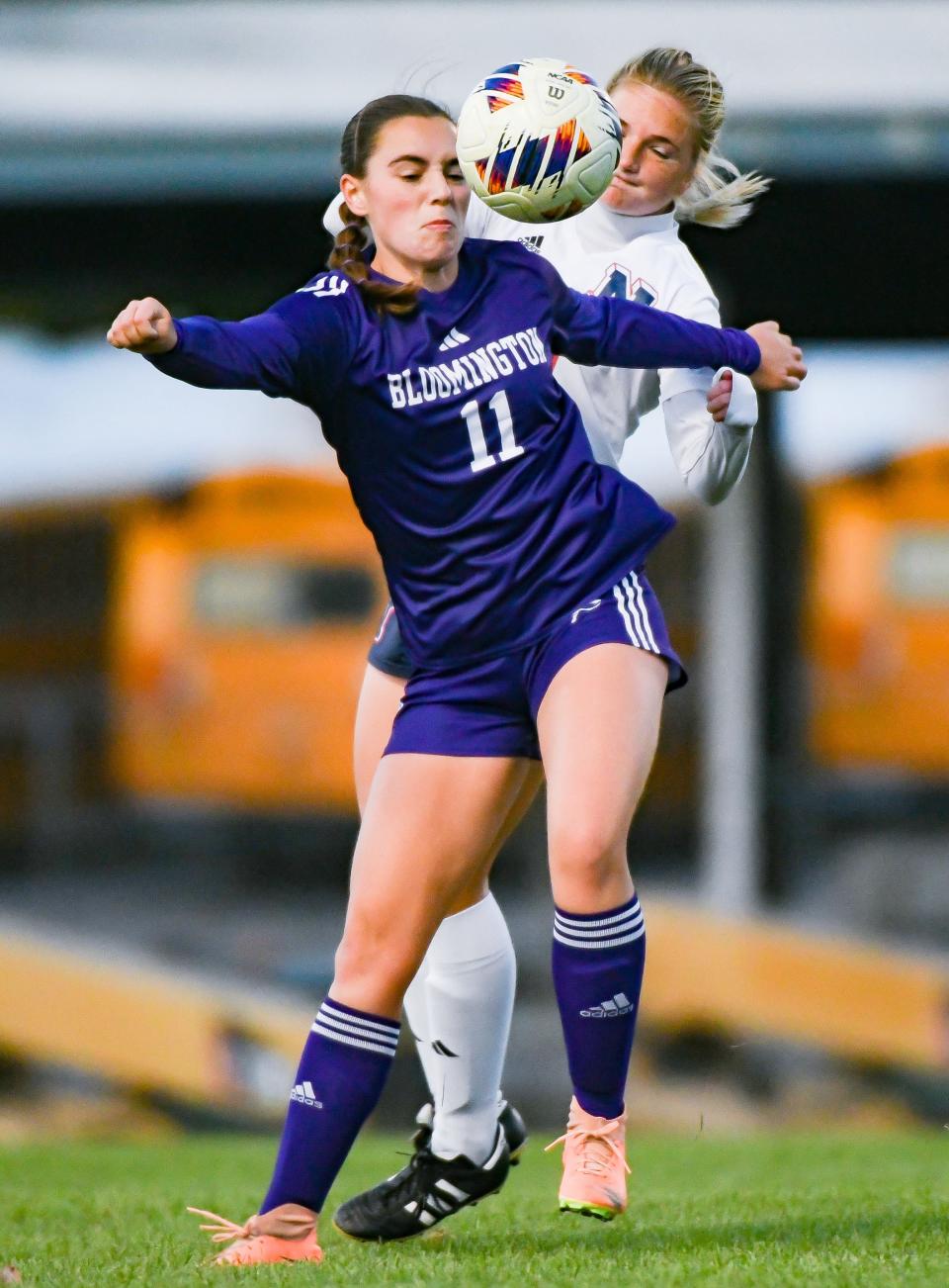 Bloomington South’s Maddie Talbott (11) and Terre Haute North’s Alyse Thompson battle for possession of the ball during the IHSAA Girls’ soccer sectional championship game at Bloomington South on Saturday, Oct. 7, 2023.
