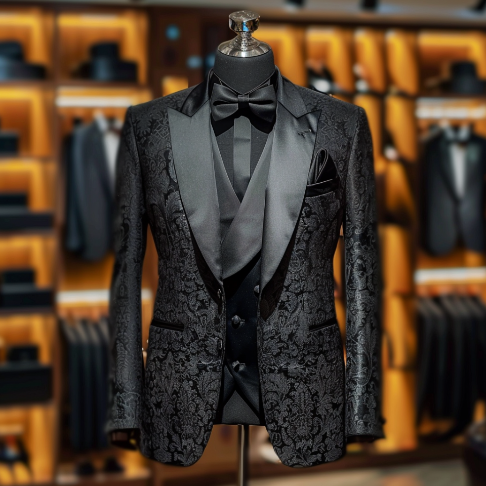 Mannequin in a store displaying a black patterned tuxedo with a bow tie and pocket square