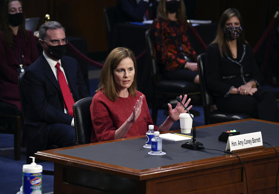 Supreme Court nominee Amy Coney Barrett speaks during a confirmation hearing before the Senate Judiciary Committee, Tuesday, Oct. 13, 2020, on Capitol Hill in Washington. (Kevin Dietsch/Pool via AP)