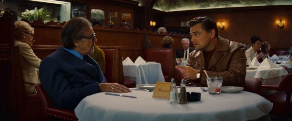 Marvin Schwarz (Al Pacino) and Rick Dalton (Leonardo DiCaprio) share a drink at the Musso & Frank Grill