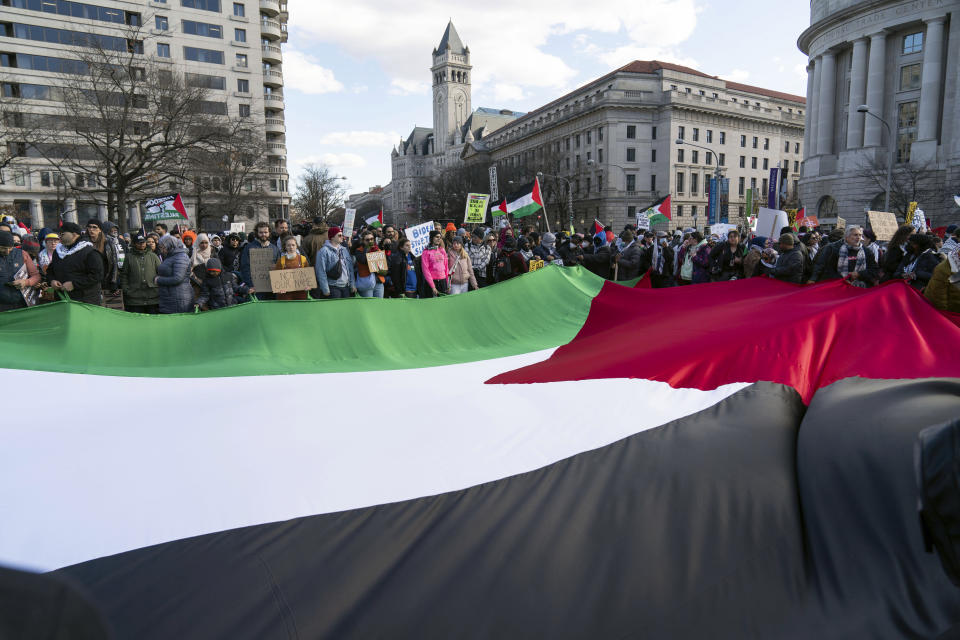 Demonstrators rally during the March on Washington for Gaza at Freedom Plaza in Washington, Saturday, Jan. 13, 2024. (AP Photo/Jose Luis Magana)