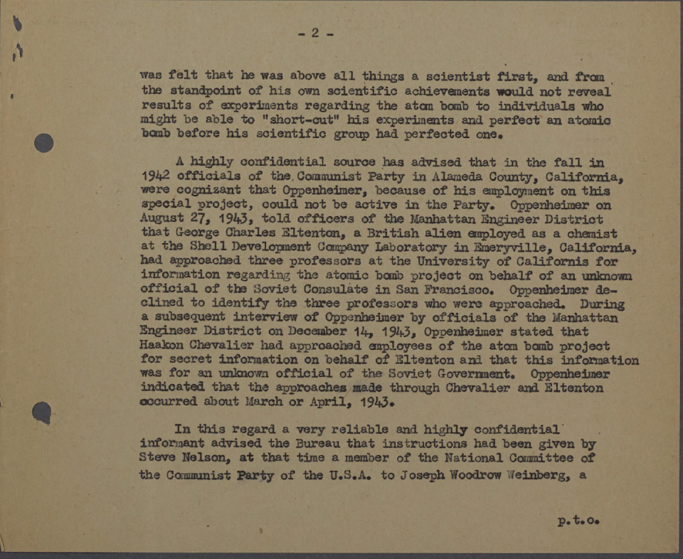 An excerpt from British security agency MI5’s dossier on J. Robert Oppenheimer describes efforts to persuade Oppenheimer and other scientists to share information about their atomic bomb research with the Soviet Union. Calder Walton