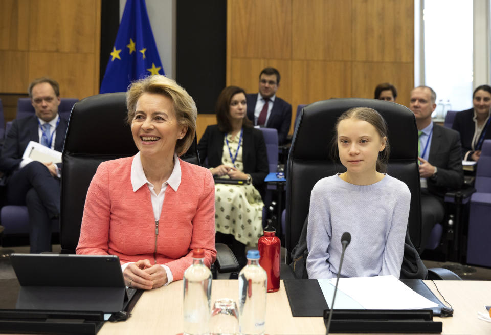 Swedish climate activist Greta Thunberg, right, and European Commission President Ursula von der Leyen, left, attend the weekly College of Commissioners meeting at EU headquarters in Brussels, Wednesday, March 4, 2020. European Commission President Ursula von der Leyen, who has put climate change at the top of her priorities and pledged to make Europe the first climate neutral continent by 2050, will present her plans on Wednesday. (AP Photo/Virginia Mayo)