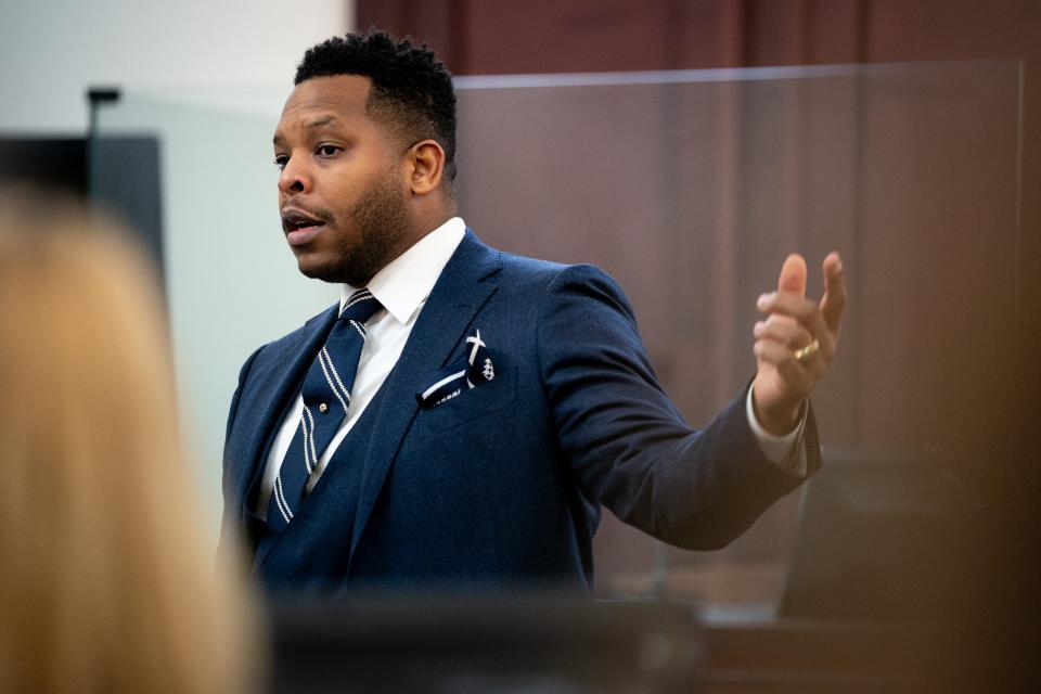 Assistant District Attorney Ronald Dowdy delivers the closing rebuttal during day five of Travis Reinking’s murder trial at the Justice A.A. Birch Building in Nashville, Tenn., Friday, Feb. 4, 2022. Reinking is charged with four counts of first degree murder, along with other attempted murder and weapons charges for the 2018 Waffle House shooting.