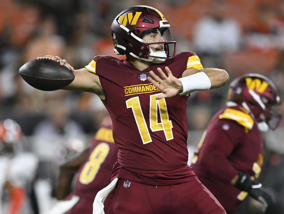 Washington Commanders quarterback Sam Howell is an intriguing late-round fantasy target. (Photo by John McDonnell/The Washington Post via Getty Images)