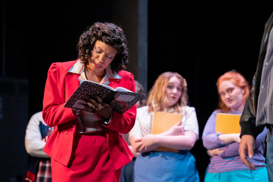 Bennice Byles as the school principal scolds Griffin Yeater as Ren for dancing at school in a scene from "Footloose" at the Croswell Opera House.