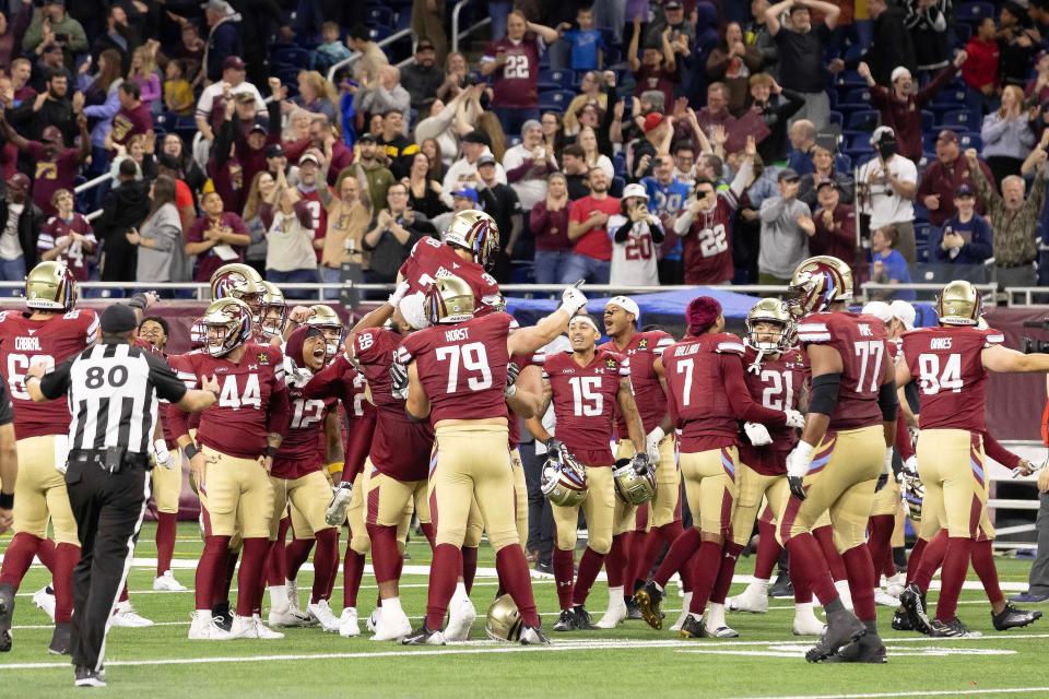 Michigan Panthers kicker Jake Bates celebrates with teammates after kicking the winning 64-yard field goal with three seconds left on the clock to beat the St. Louis Battlehawks, 18-16, at Ford Field, March 30, 2024.