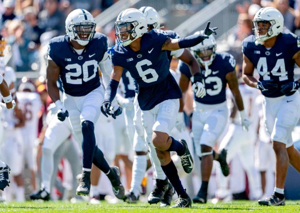 Penn State cornerback Zakee Wheatley celebrates his interception during the game against Central Michigan on Saturday, Sept. 24, 2022.