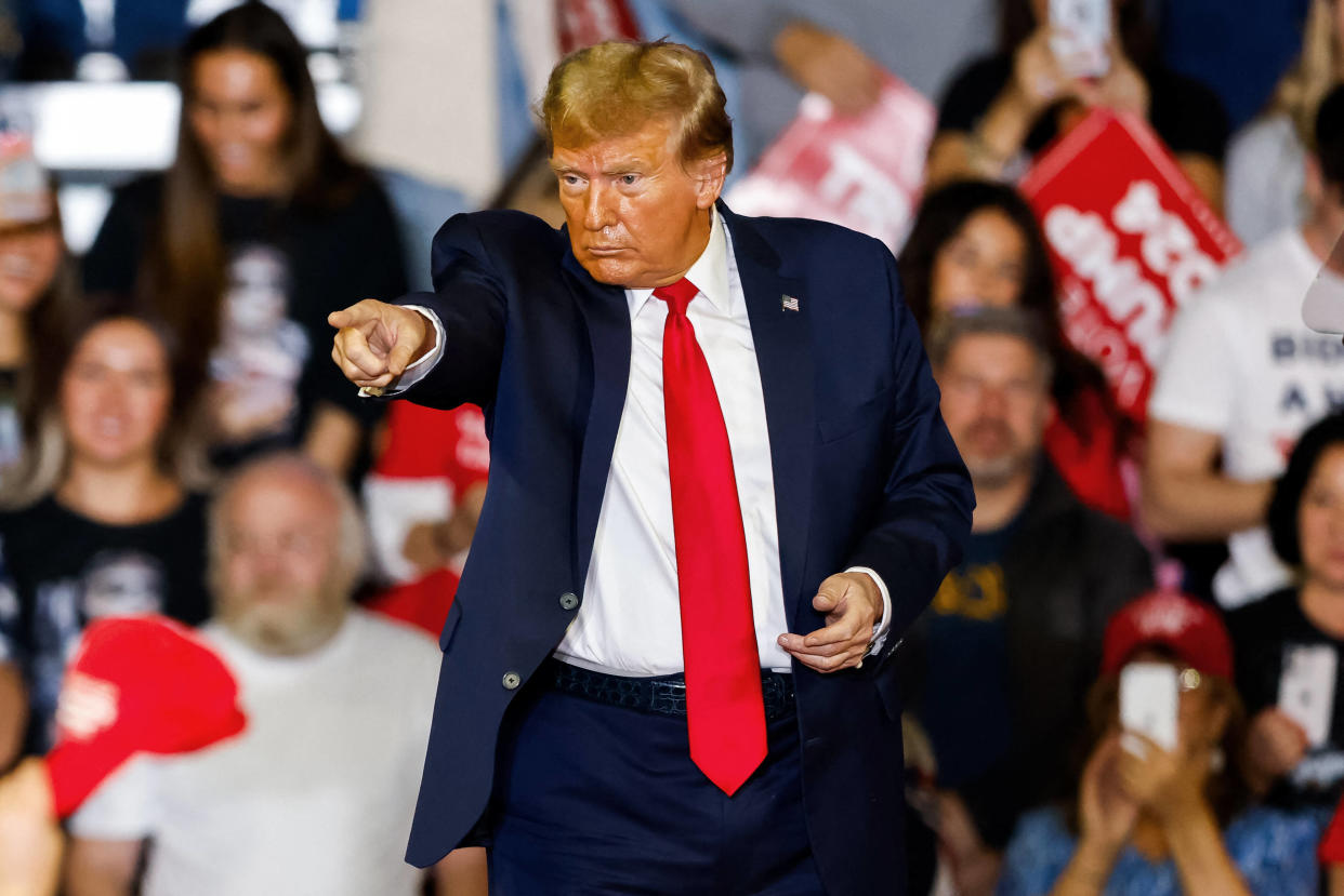 Former US President and 2024 presidential hopeful Donald Trump attends a "Get Out the Vote" Rally in Conway, South Carolina, on February 10, 2024. (Photo by Julia Nikhinson / AFP) / ALTERNATE CROP