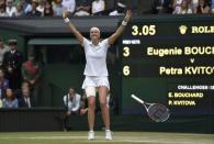 Petra Kvitova of the Czech Republic celebrates after defeating Eugenie Bouchard of Canada in their women's singles final tennis match at the Wimbledon Tennis Championships, in London July 5, 2014. REUTERS/Toby Melville