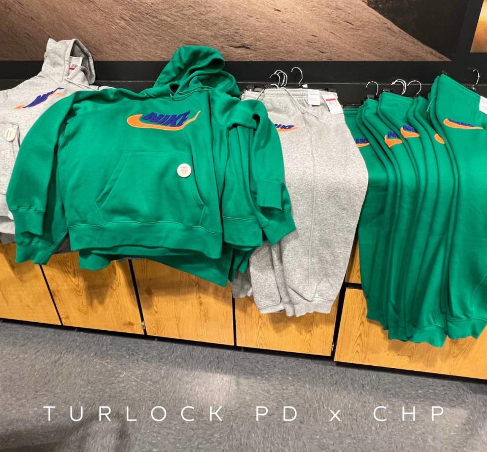 Nike sweat shirts and pants were among the alleged stolen goods seized by police in Turlock CA on Feb. 1, 2024. Turlock Police Department