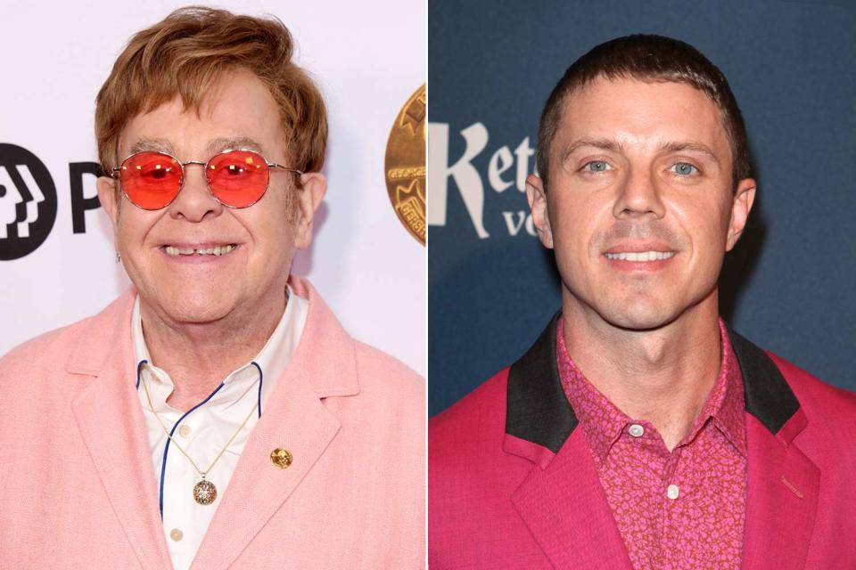 <p>Kevin Mazur/Getty Images; Walter McBride/Corbis via Getty Images</p> Elton John and Jake Shears