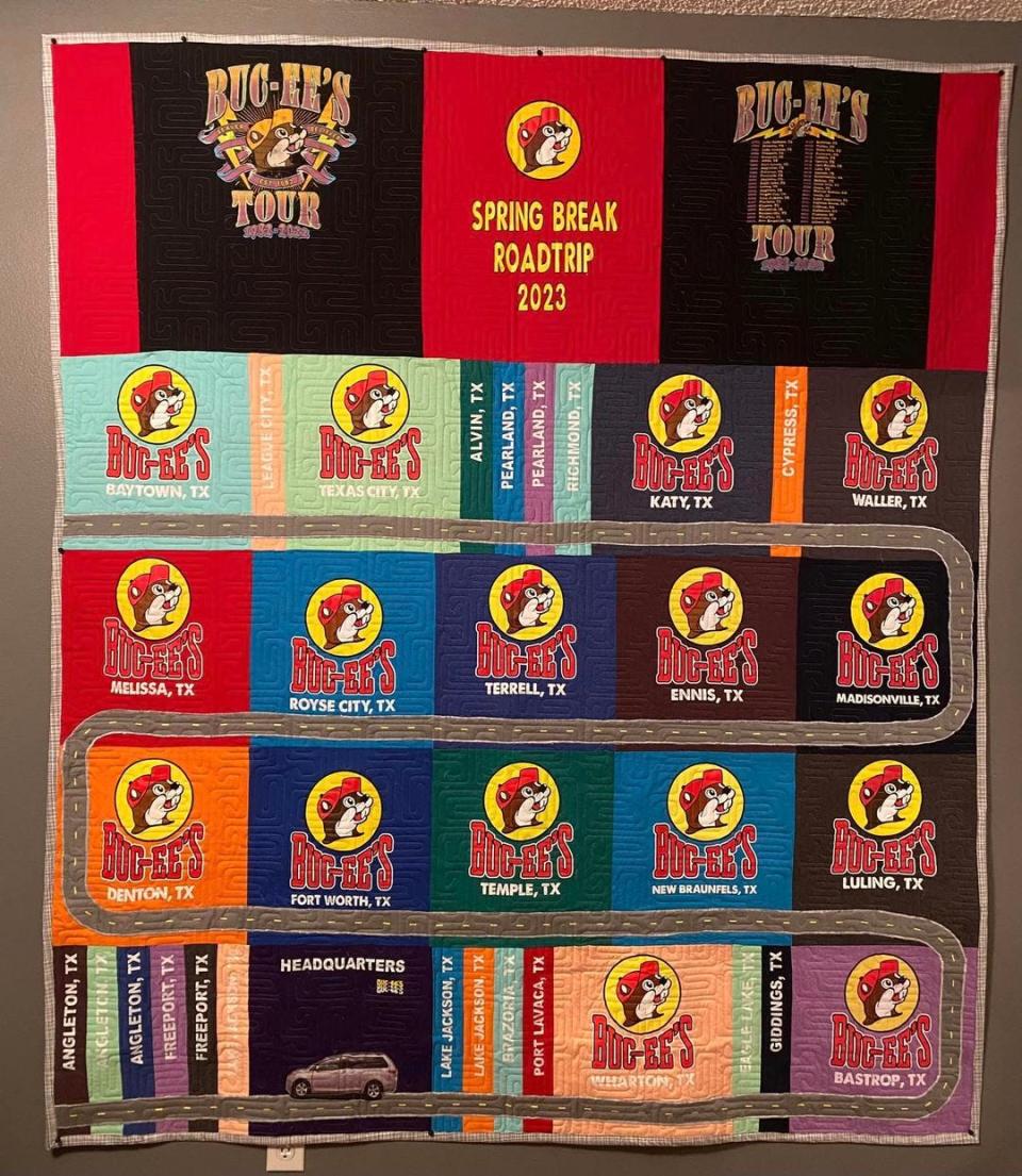 Judy Martin made a quilt out of Buc-ee's shirts from each Texas location.