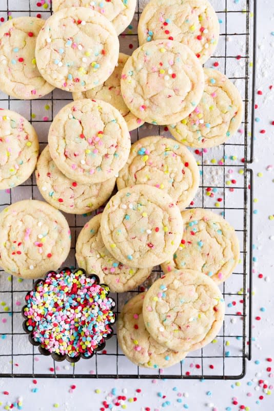 <p>Cloudy Kitchen</p><p>This funfetti sugar cookie recipe is soft and chewy, bakes up puffy, and is super easy to make with a delicious vanilla bean flavour. The cookies are filled with rainbow sprinkles for a fun and easy take on the classic sugar cookie.</p><p><strong>Get the recipe: <a href="https://cloudykitchen.com/blog/funfetti-sugar-cookies/" rel="nofollow noopener" target="_blank" data-ylk="slk:Funfetti Sugar Cookies;elm:context_link;itc:0;sec:content-canvas" class="link rapid-noclick-resp"><em>Funfetti Sugar Cookies</em></a></strong></p>