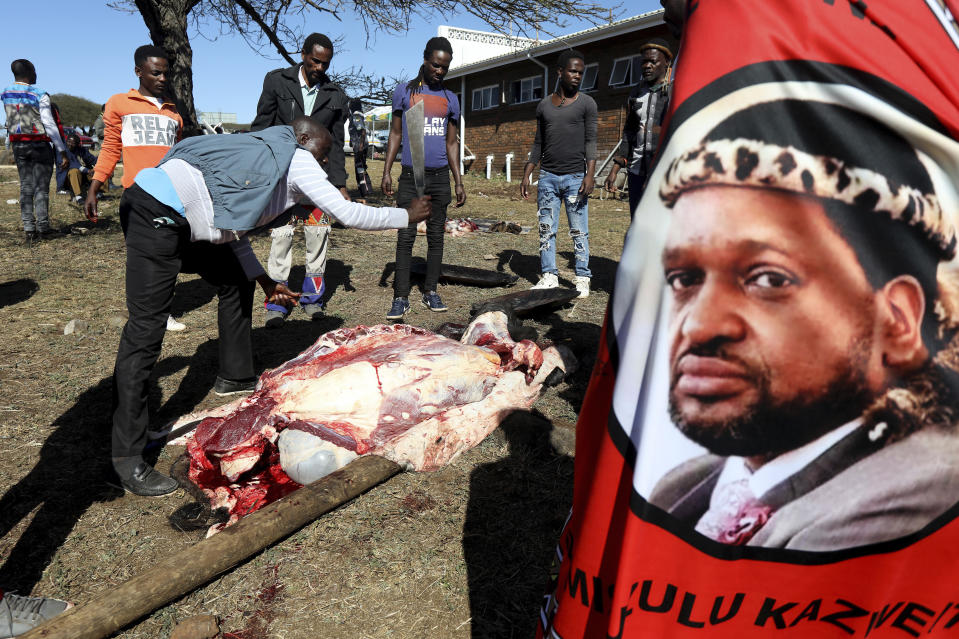 A cow is slaughtered for King Misuzulu ka Zwelithini's coronation, at KwaKhangelamankengane Royal Palace in Nongoma, South Africa. Saturday, Aug. 20, 2022. South Africa’s ethnic Zulu nation hosted a coronation event for its new traditional king amid internal divisions that have threatened to tear the royal family apart. King Misuzulu ka Zwelithini, a son of the late King Goodwill Zwelithini who died from a diabetes-related illness in March last year, will undergo the traditional ritual known as ukungena esibayeni (entering the royal village) to mark his installation as the new leader of the Zulu nation. (AP Photo)