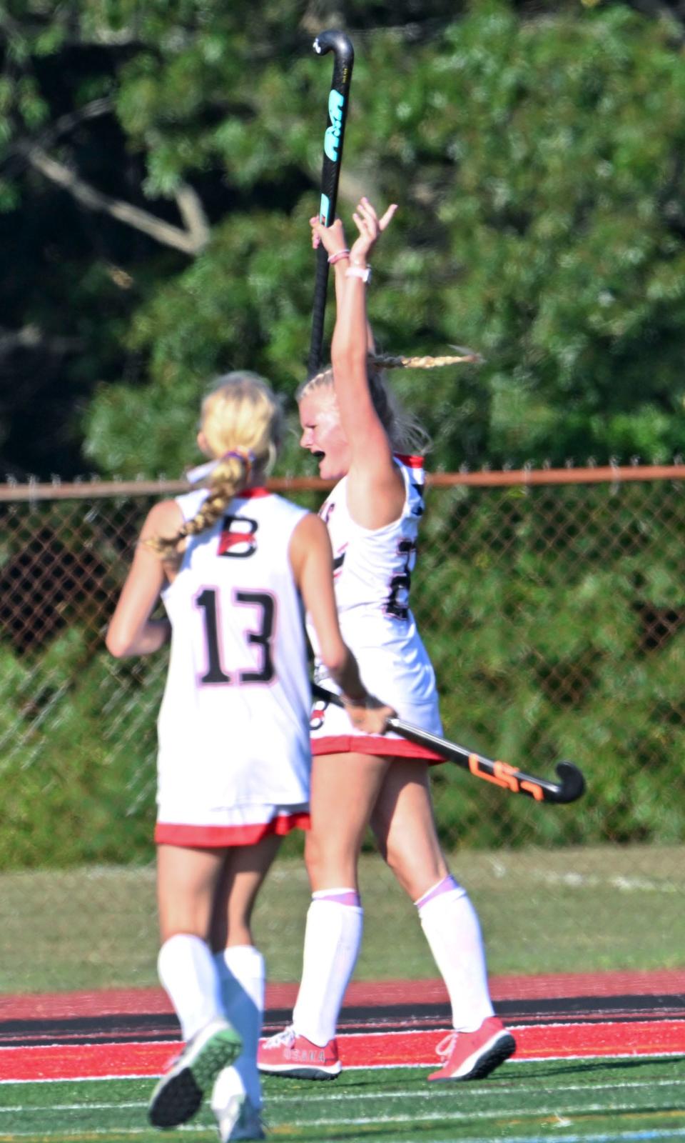 In this Sept. 20, 2023 photo, Shelby Locasio of Barnstable celebrates after scoring a goal against Dennis-Yarmouth.