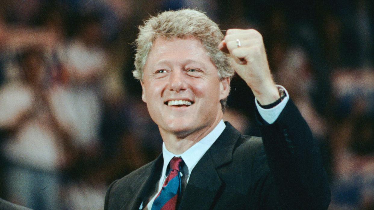 North Carolina governor Jim Hunt introduced candidate Bill Clinton at a rally at North Carolina State University in Raleigh on October 4, 1992.