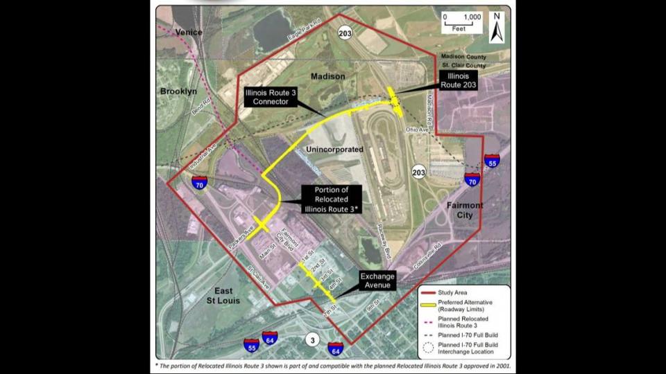 The yellow line on this map shows the Illinois Department of Transportation’s preferred route for new roads connecting Illinois 3 and Illinois 203 north of World Wide Technology Raceway.