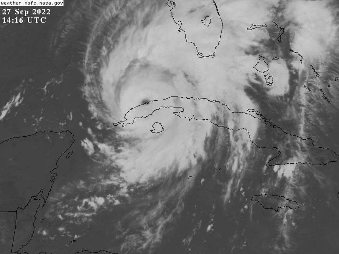 The eye of Hurricane Ian leaving Pinar del Río, Cuba, on Tuesday morning.