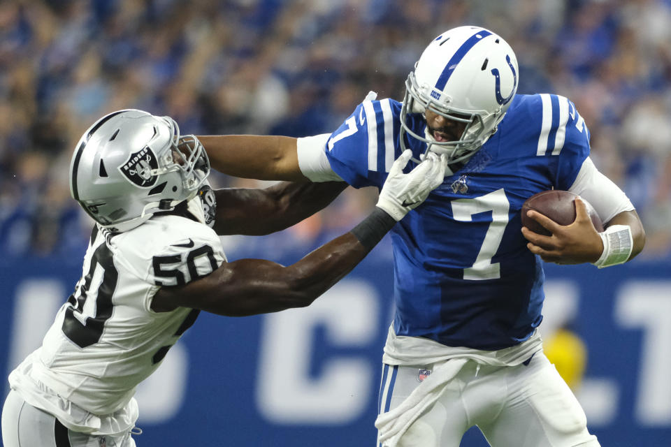 Oakland Raiders linebacker Nicholas Morrow (50) tackles Indianapolis Colts quarterback Jacoby Brissett (7) during the second half of an NFL football game in Indianapolis, Sunday, Sept. 29, 2019. (AP Photo/AJ Mast)