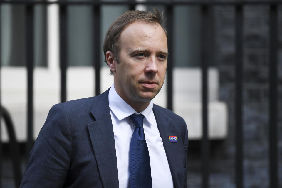 Matt Hancock leaves Downing Street.