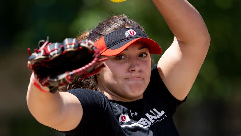 Mariah Lopez pitches during a Utah softball practice at the Dumke Family Softball Stadium in Salt Lake City on Tuesday, May 16, 2023. Lopez has anchored the Utes’ pitching staff this season.