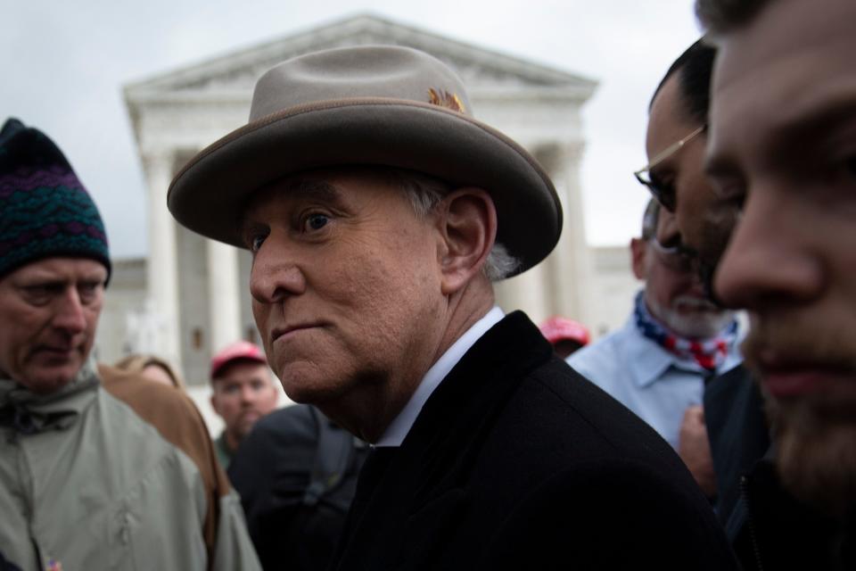 Roger Stone leaves after speaking to supporters of US President Donald Trump outside the US Supreme Court January 5, 2021, in Washington, DC.