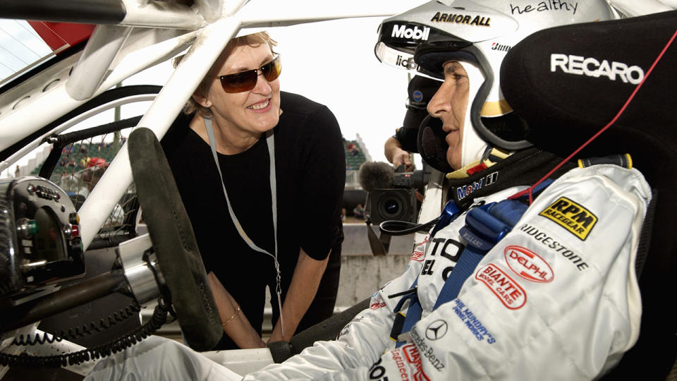 Peter Brock is pictured talking with his then-wife Bev prior to the qualifying at the 2002 Bathurst 1000.