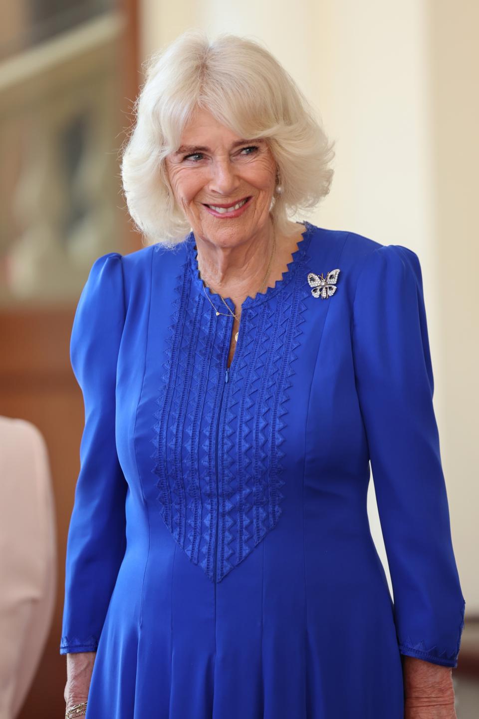 LONDON, ENGLAND - JUNE 27: Queen Camilla smiles as she and King Charles III formally bid farewell to Emperor Naruhito and Empress Masako of Japan on the final day of their state visit to the United Kingdom at Buckingham Palace on June 27, 2024 in London, England. (Photo by Chris Jackson/Getty Images)