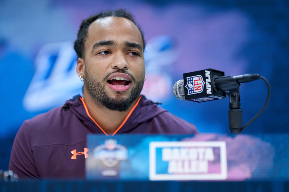 INDIANAPOLIS, IN - MARCH 02: Texas Tech linebacker Dakota Allen answers questions from the media  during the NFL Scouting Combine on March 02, 2019 at the Indiana Convention Center in Indianapolis, IN. (Photo by Robin Alam/Icon Sportswire via Getty Images)