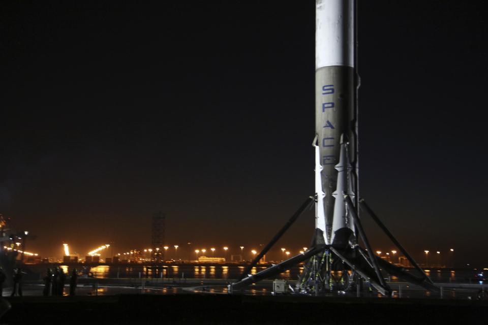 The SpaceX Falcon 9 rocket booster makes it's way into the port of Los Angeles Tuesday morning, Jan. 17, 2017. A SpaceX Falcon 9 rocket blasted off from California on Saturday, Jan. 14 and placed a constellation of satellites in orbit, marking the company's first launch since a fireball engulfed a similar rocket on a Florida launch pad more than four months ago.(Chuck Bennett /The Daily Breeze via AP)