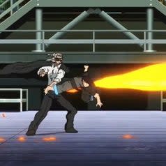 Shinra using his Adolla Burst to attack Captain Burns