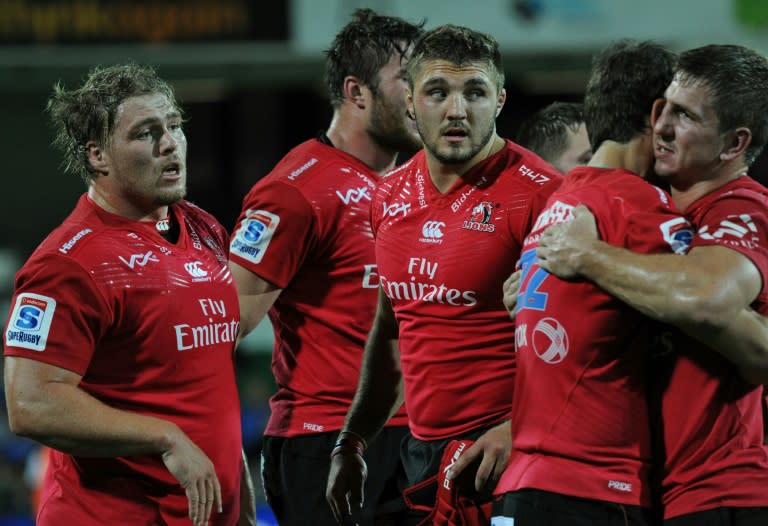 The Lions' players celebrate win following their Super Rugby against the Western Force, in Perth, on April 29, 2017