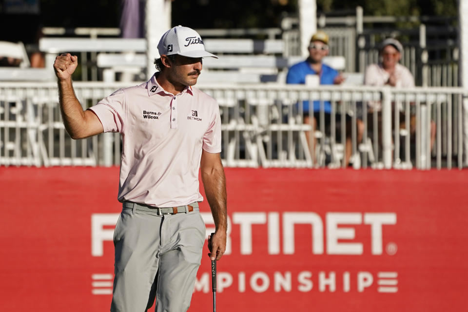 Max Homa reacts after making a birdie putt on the 17th green of the Silverado Resort North Course during the final round of the Fortinet Championship PGA golf tournament Sunday, Sept. 19, 2021, in Napa, Calif. Homa won the tournament. (AP Photo/Eric Risberg)