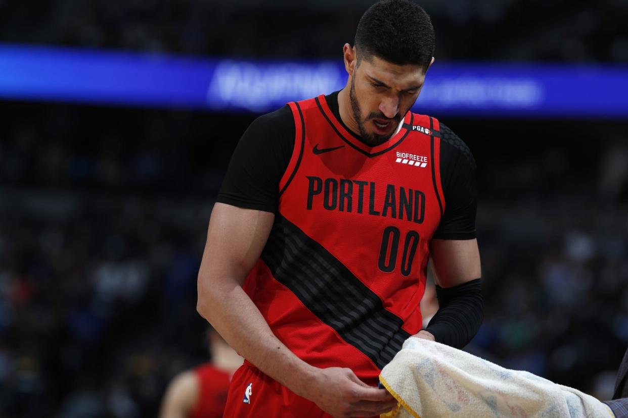 Portland Trail Blazers center Enes Kanter (00) in the second half of Game 2 of an NBA basketball second-round playoff series Wednesday, May 1, 2019, in Denver. Portland won 97-90. (AP Photo/David Zalubowski)