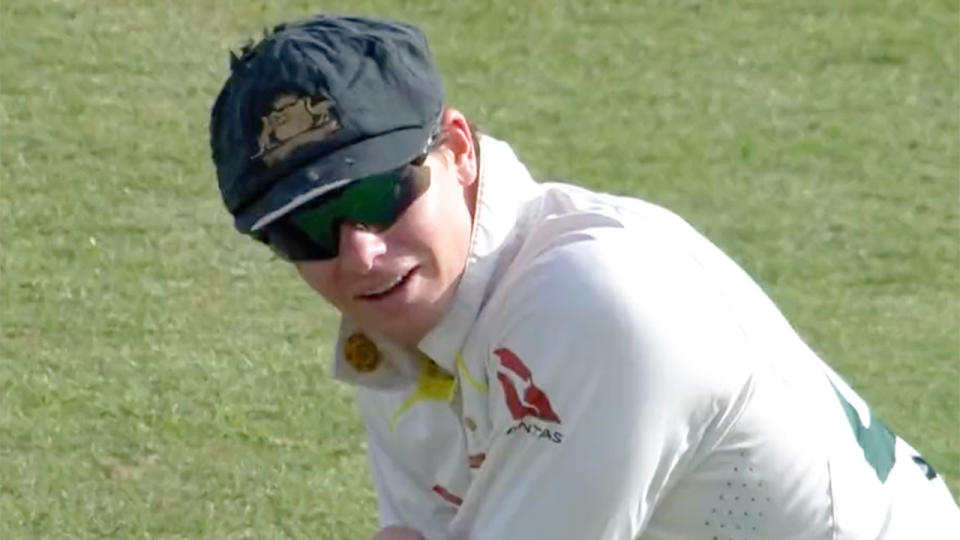 Pictured here, Steve Smith looking shocked after a big chance went begging on day two of the third Test against Pakistan. 