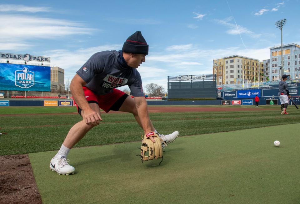 WooSox utility player Romy Gonzalez fields ground balls on media day at Polar Park Wednesday.