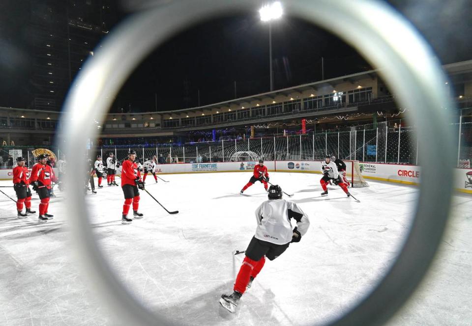 The Charlotte Checkers practice at Truist Field in Charlotte, NC on Monday, November 27, 2023. The Checkers will face the Americans in the Queen City Outdoor Classic at Truist Field on Saturday, January 13, 2024. JEFF SINER/jsiner@charlotteobserver.com