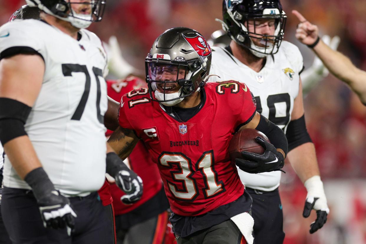 Tampa Bay Buccaneers safety Antoine Winfield Jr. (31) reacts after recovering a fumble against the Jacksonville Jaguars in the fourth quarter at Raymond James Stadium.