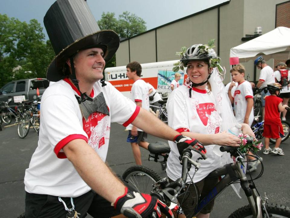 Ben and Julie Brooks, of Fairview Heights. dressed up to celebrate their fifth wedding anniversary during Tour de Belleville in 2008. More than 1,300 bicyclists showed up that year.