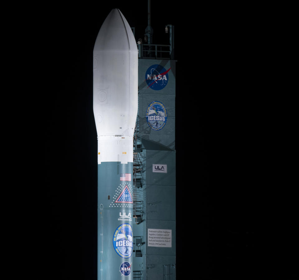 The United Launch Alliance (ULA) Delta II rocket with the NASA Ice, Cloud and land Elevation Satellite-2 (ICESat-2) onboard is seen shortly after the mobile service tower at SLC-2 was rolled back, Saturday, Sept. 15, 2018, at Vandenberg Air Force Base, Calif. The ICESat-2 mission will measure the changing height of Earth's ice. (Bill Ingalls/NASA via AP)