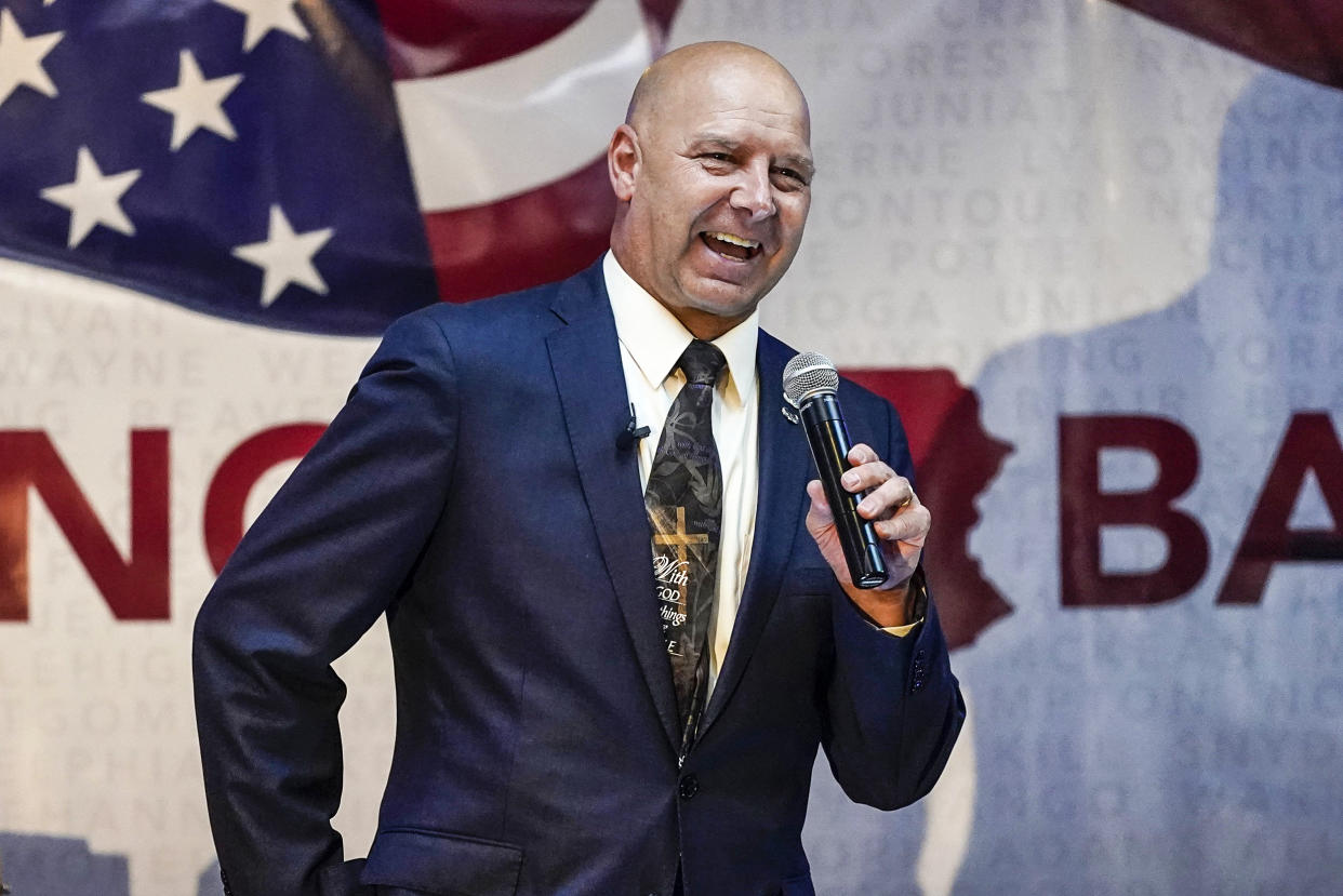 Image: State Sen. Doug Mastriano, R-Franklin, a Republican candidate for Governor of Pennsylvania, speaks at a primary night election gathering in Chambersburg, Pa., on May 17, 2022. (Carolyn Kaster / AP)